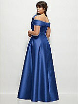 Rear View Thumbnail - Classic Blue Asymmetrical Bow Off-Shoulder Satin Gown with Ballroom Skirt