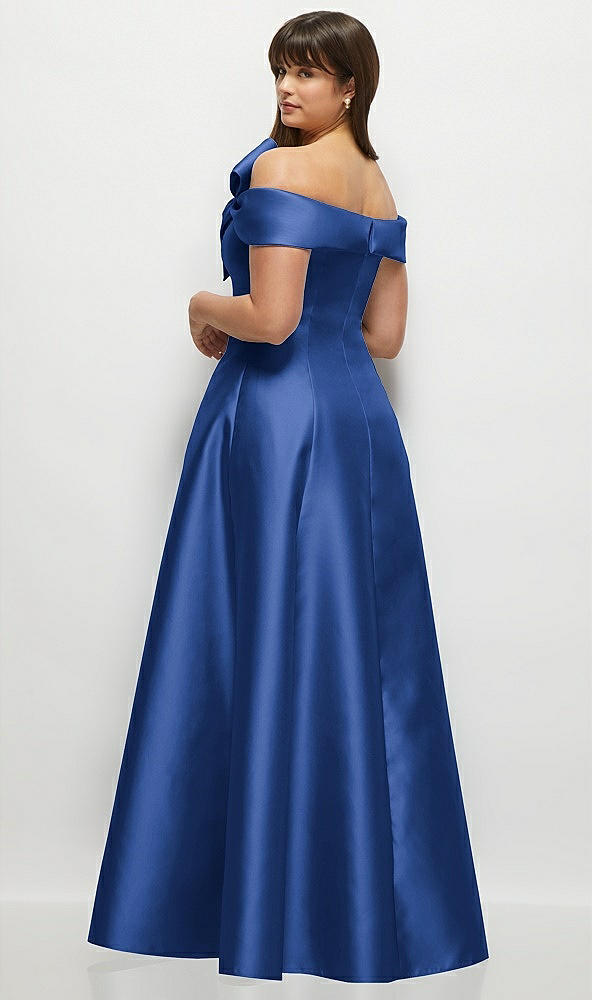 Back View - Classic Blue Asymmetrical Bow Off-Shoulder Satin Gown with Ballroom Skirt