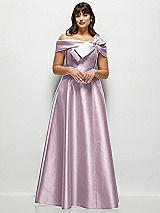 Front View Thumbnail - Suede Rose Asymmetrical Bow Off-Shoulder Satin Gown with Ballroom Skirt