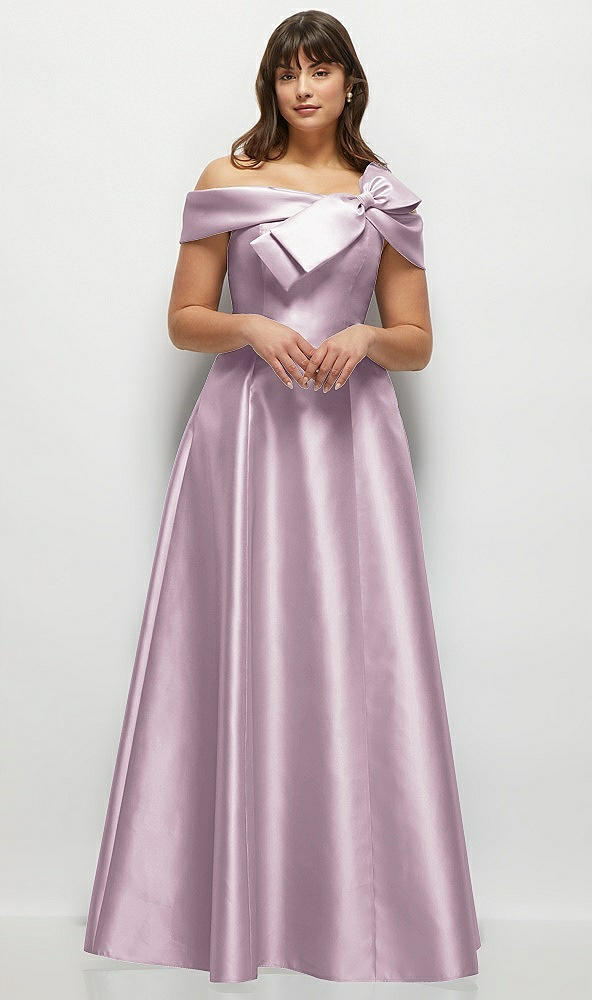 Front View - Suede Rose Asymmetrical Bow Off-Shoulder Satin Gown with Ballroom Skirt