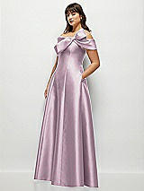 Side View Thumbnail - Suede Rose Asymmetrical Bow Off-Shoulder Satin Gown with Ballroom Skirt