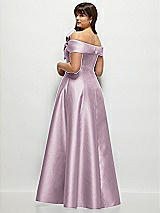 Rear View Thumbnail - Suede Rose Asymmetrical Bow Off-Shoulder Satin Gown with Ballroom Skirt