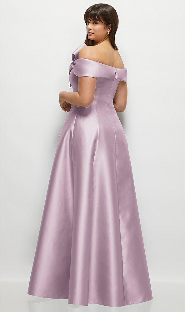 Back View - Suede Rose Asymmetrical Bow Off-Shoulder Satin Gown with Ballroom Skirt