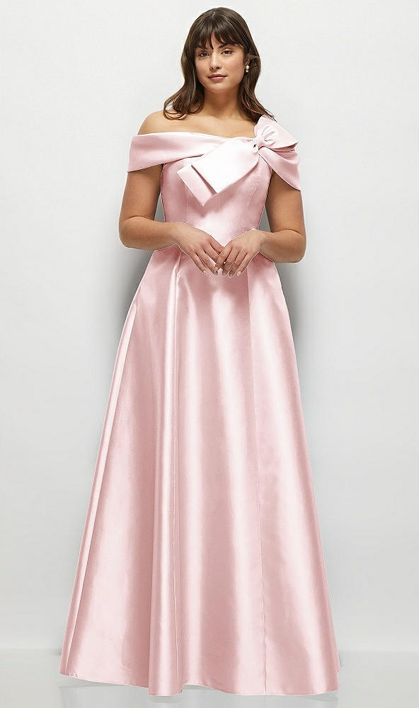 Front View - Ballet Pink Asymmetrical Bow Off-Shoulder Satin Gown with Ballroom Skirt