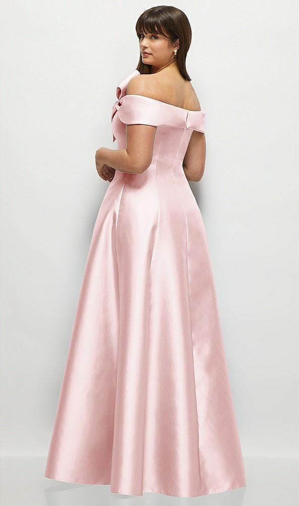 Back View - Ballet Pink Asymmetrical Bow Off-Shoulder Satin Gown with Ballroom Skirt