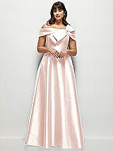 Front View Thumbnail - Blush Asymmetrical Bow Off-Shoulder Satin Gown with Ballroom Skirt