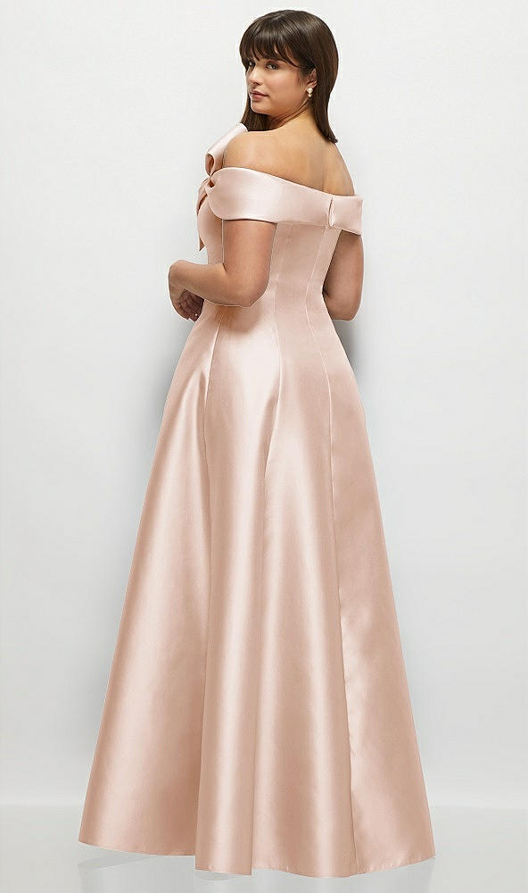 Back View - Cameo Asymmetrical Bow Off-Shoulder Satin Gown with Ballroom Skirt