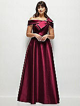 Front View Thumbnail - Cabernet Asymmetrical Bow Off-Shoulder Satin Gown with Ballroom Skirt
