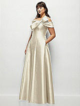 Side View Thumbnail - Champagne Asymmetrical Bow Off-Shoulder Satin Gown with Ballroom Skirt