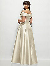 Rear View Thumbnail - Champagne Asymmetrical Bow Off-Shoulder Satin Gown with Ballroom Skirt