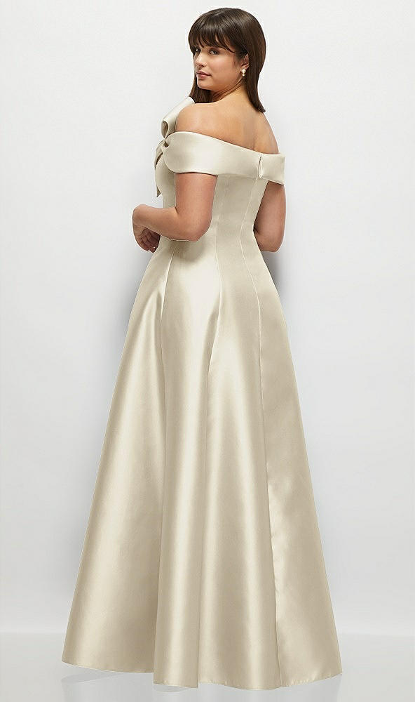 Back View - Champagne Asymmetrical Bow Off-Shoulder Satin Gown with Ballroom Skirt