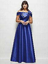 Front View Thumbnail - Cobalt Blue Asymmetrical Bow Off-Shoulder Satin Gown with Ballroom Skirt