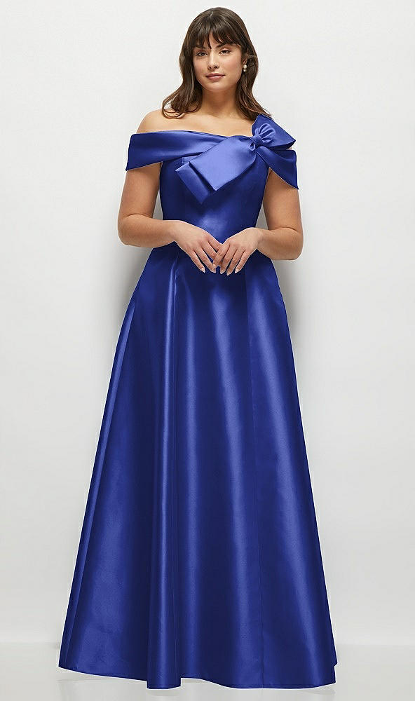 Front View - Cobalt Blue Asymmetrical Bow Off-Shoulder Satin Gown with Ballroom Skirt