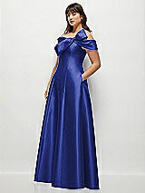 Side View Thumbnail - Cobalt Blue Asymmetrical Bow Off-Shoulder Satin Gown with Ballroom Skirt