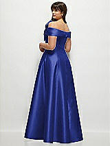 Rear View Thumbnail - Cobalt Blue Asymmetrical Bow Off-Shoulder Satin Gown with Ballroom Skirt
