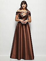 Front View Thumbnail - Cognac Asymmetrical Bow Off-Shoulder Satin Gown with Ballroom Skirt