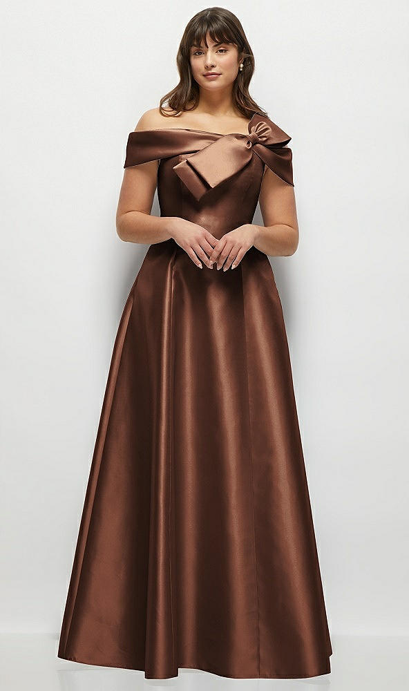 Front View - Cognac Asymmetrical Bow Off-Shoulder Satin Gown with Ballroom Skirt