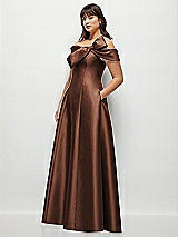Side View Thumbnail - Cognac Asymmetrical Bow Off-Shoulder Satin Gown with Ballroom Skirt