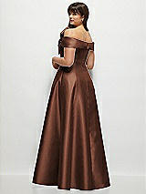 Rear View Thumbnail - Cognac Asymmetrical Bow Off-Shoulder Satin Gown with Ballroom Skirt