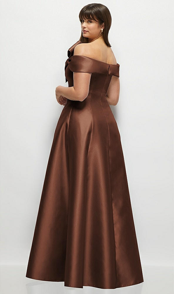 Back View - Cognac Asymmetrical Bow Off-Shoulder Satin Gown with Ballroom Skirt