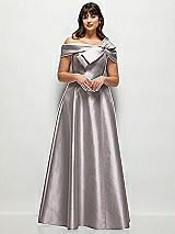 Front View Thumbnail - Cashmere Gray Asymmetrical Bow Off-Shoulder Satin Gown with Ballroom Skirt