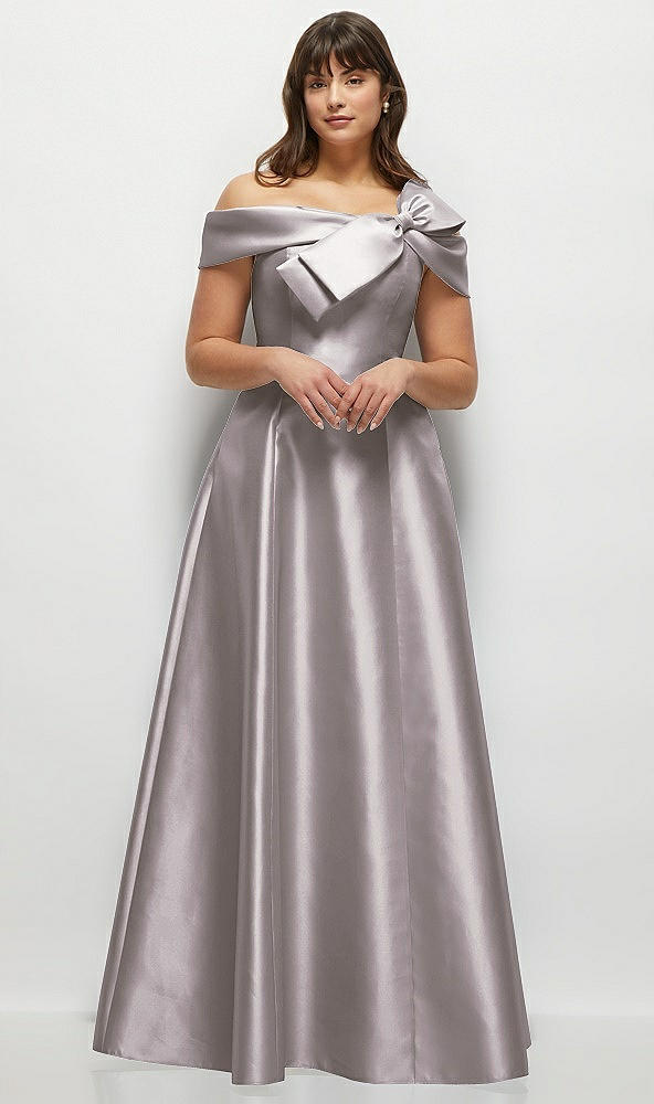 Front View - Cashmere Gray Asymmetrical Bow Off-Shoulder Satin Gown with Ballroom Skirt