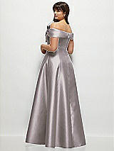 Rear View Thumbnail - Cashmere Gray Asymmetrical Bow Off-Shoulder Satin Gown with Ballroom Skirt