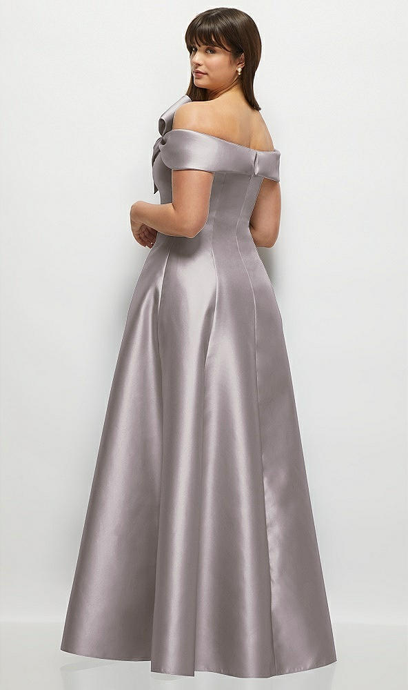 Back View - Cashmere Gray Asymmetrical Bow Off-Shoulder Satin Gown with Ballroom Skirt