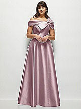Front View Thumbnail - Dusty Rose Asymmetrical Bow Off-Shoulder Satin Gown with Ballroom Skirt
