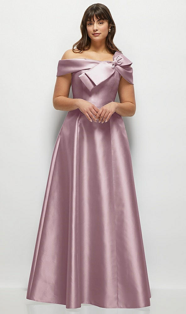 Front View - Dusty Rose Asymmetrical Bow Off-Shoulder Satin Gown with Ballroom Skirt