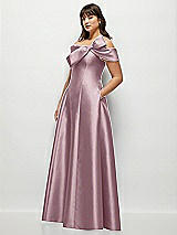 Side View Thumbnail - Dusty Rose Asymmetrical Bow Off-Shoulder Satin Gown with Ballroom Skirt