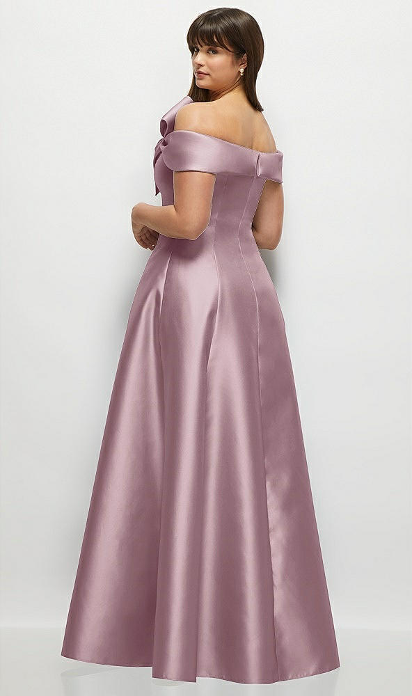 Back View - Dusty Rose Asymmetrical Bow Off-Shoulder Satin Gown with Ballroom Skirt
