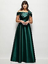 Front View Thumbnail - Evergreen Asymmetrical Bow Off-Shoulder Satin Gown with Ballroom Skirt