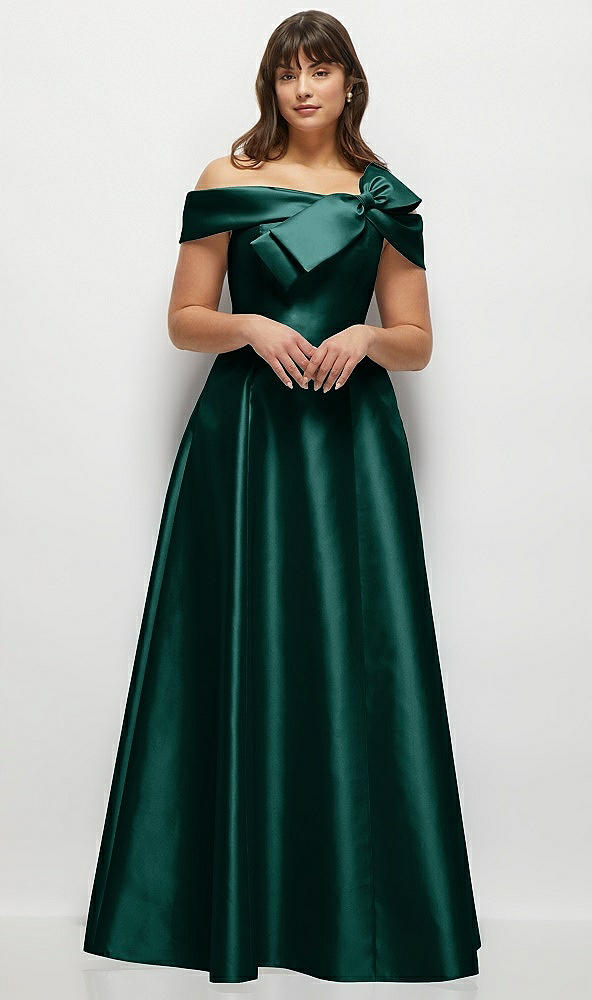 Front View - Evergreen Asymmetrical Bow Off-Shoulder Satin Gown with Ballroom Skirt