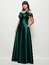 Side View Thumbnail - Evergreen Asymmetrical Bow Off-Shoulder Satin Gown with Ballroom Skirt