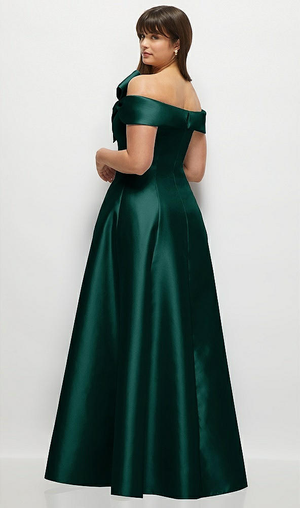Back View - Evergreen Asymmetrical Bow Off-Shoulder Satin Gown with Ballroom Skirt