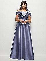 Front View Thumbnail - French Blue Asymmetrical Bow Off-Shoulder Satin Gown with Ballroom Skirt