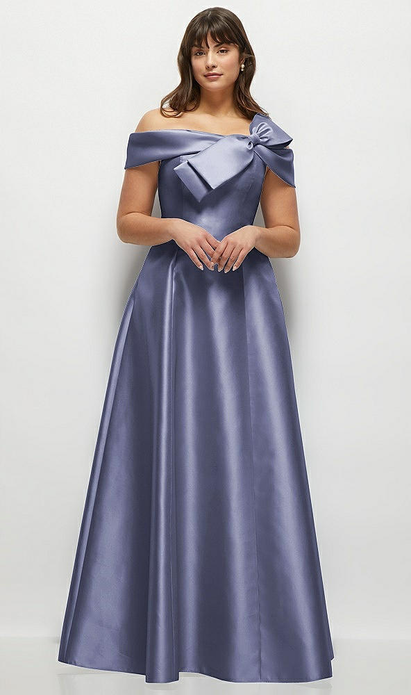 Front View - French Blue Asymmetrical Bow Off-Shoulder Satin Gown with Ballroom Skirt