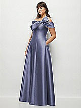 Side View Thumbnail - French Blue Asymmetrical Bow Off-Shoulder Satin Gown with Ballroom Skirt