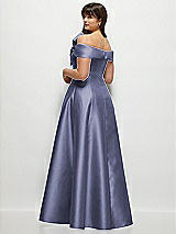 Rear View Thumbnail - French Blue Asymmetrical Bow Off-Shoulder Satin Gown with Ballroom Skirt