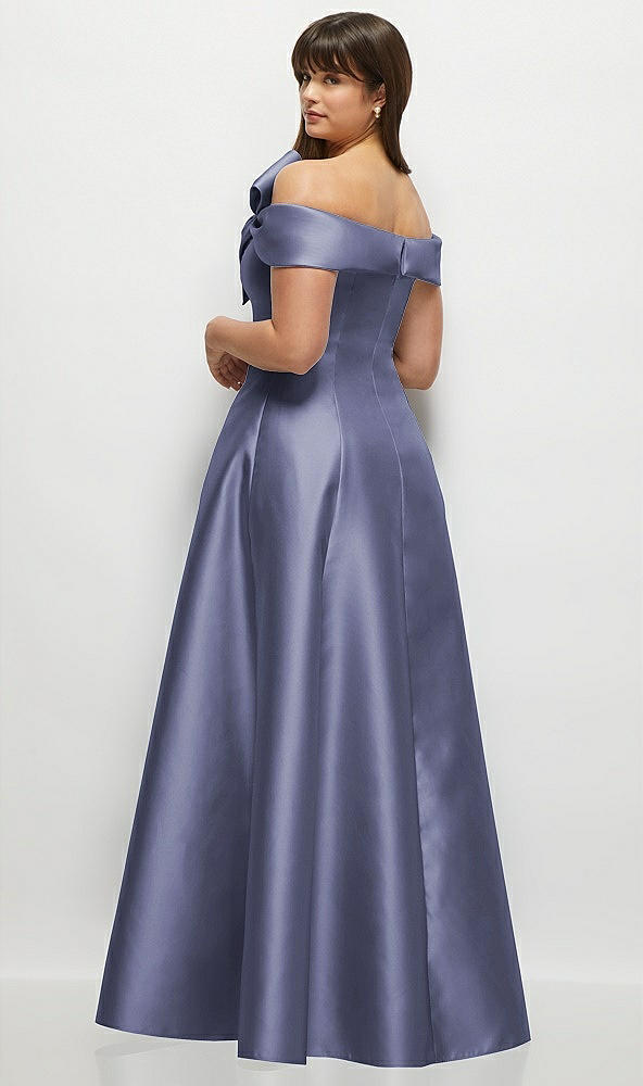 Back View - French Blue Asymmetrical Bow Off-Shoulder Satin Gown with Ballroom Skirt