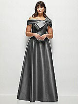 Front View Thumbnail - Gunmetal Asymmetrical Bow Off-Shoulder Satin Gown with Ballroom Skirt