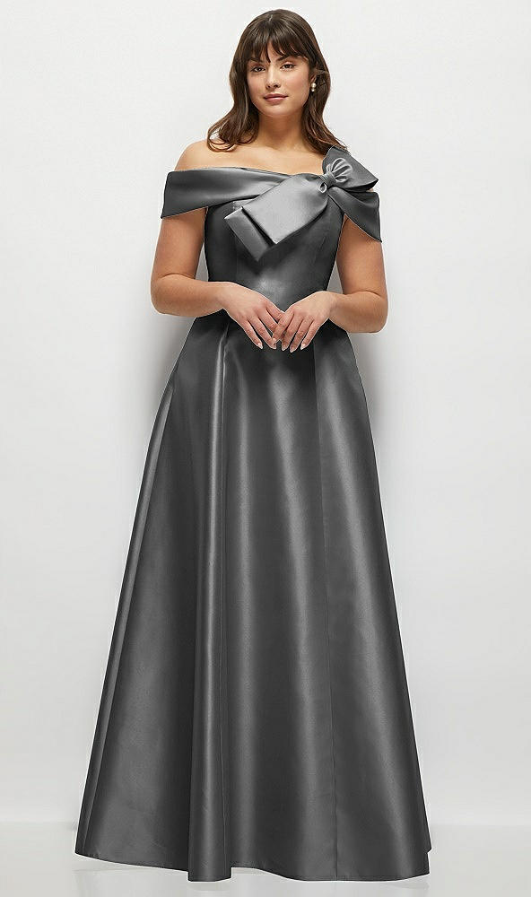 Front View - Gunmetal Asymmetrical Bow Off-Shoulder Satin Gown with Ballroom Skirt