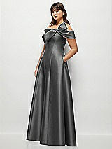 Side View Thumbnail - Gunmetal Asymmetrical Bow Off-Shoulder Satin Gown with Ballroom Skirt