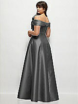 Rear View Thumbnail - Gunmetal Asymmetrical Bow Off-Shoulder Satin Gown with Ballroom Skirt