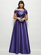 Front View Thumbnail - Grape Asymmetrical Bow Off-Shoulder Satin Gown with Ballroom Skirt