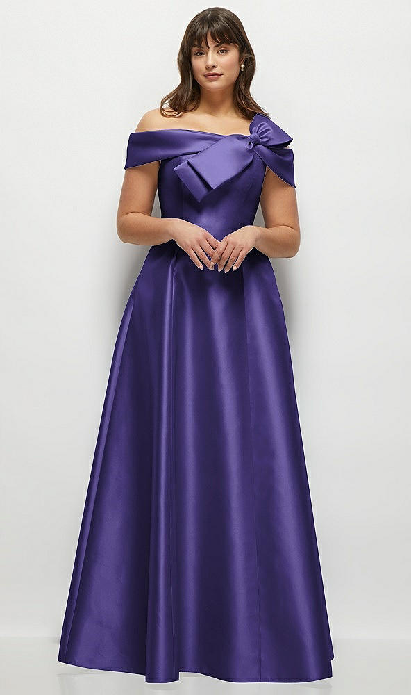 Front View - Grape Asymmetrical Bow Off-Shoulder Satin Gown with Ballroom Skirt
