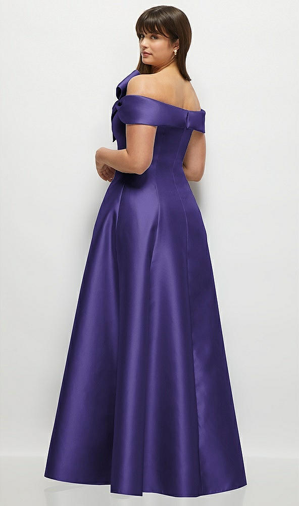 Back View - Grape Asymmetrical Bow Off-Shoulder Satin Gown with Ballroom Skirt