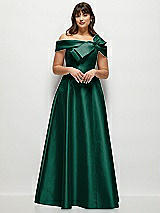 Front View Thumbnail - Hunter Green Asymmetrical Bow Off-Shoulder Satin Gown with Ballroom Skirt