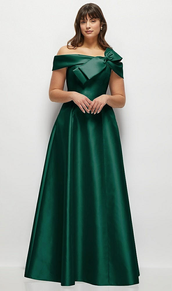 Front View - Hunter Green Asymmetrical Bow Off-Shoulder Satin Gown with Ballroom Skirt
